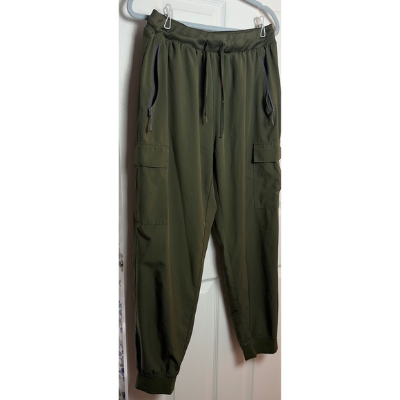 Womens Olive Green Cargo Jogger Pants Elastic Waist Drawstring Hiking Utility M - Picture 4 of 6